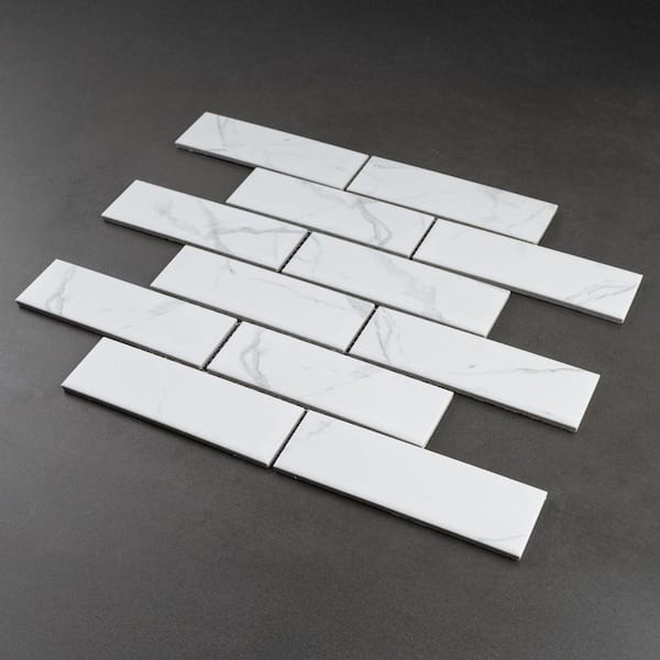 MOLOVO Porcetile White Cararra 11.7 in. x 11.46 in. Brick Joint