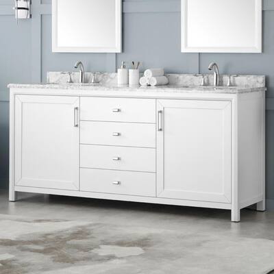 Rockleigh 72 in. W x 22 in. D Bath Vanity in White with Marble Vanity Top in Carrara White with White Basin