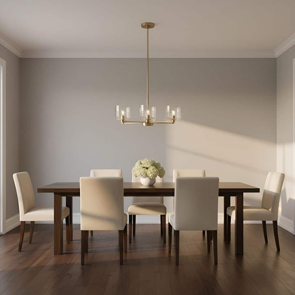 Lochdale 24 in. W x 10.25 in. H 5-Light Satin Brass Modern Chandelier with Clear Ribbed Glass Shades price history on PriceWatchPro