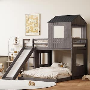 Antique Gray Wood Frame Twin over Full House Bunk Bed with Slide, Roof and Windows Design