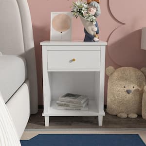 White Wooden 1-Drawer Nightstand with Open Shelf