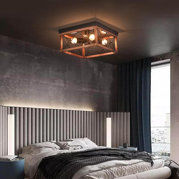 OUKANING 12.6 in. 4-Light Black Vintage Farmhouse Style Flush