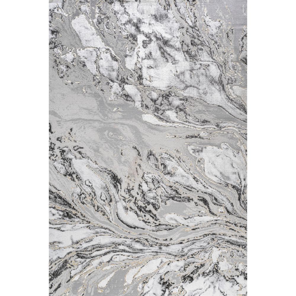 Gray and Black Abstract Marbled 4' x 6' Synthetic Rug
