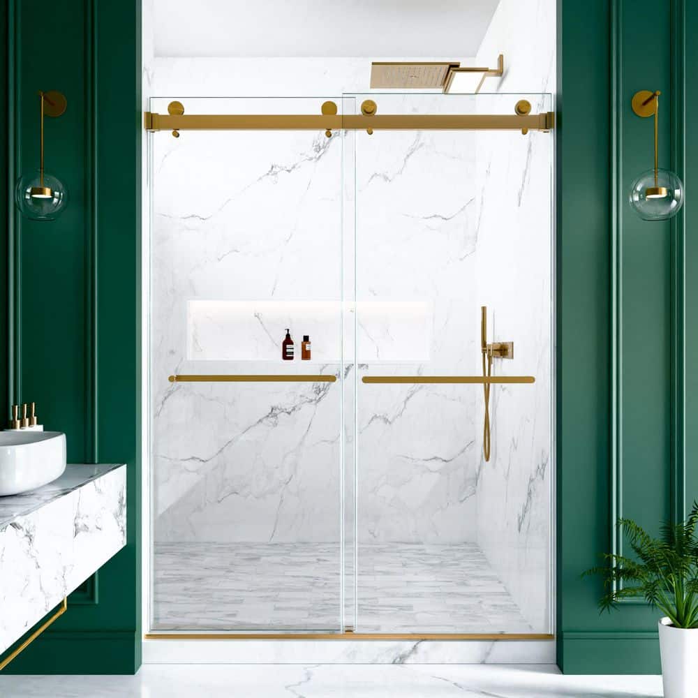 56-60 in. W x 80 in. H Double Sliding Frameless Shower Door in Brushed Gold with 3/8 in. (10mm) SGCC Tempered Glass price history on PriceWatchPro