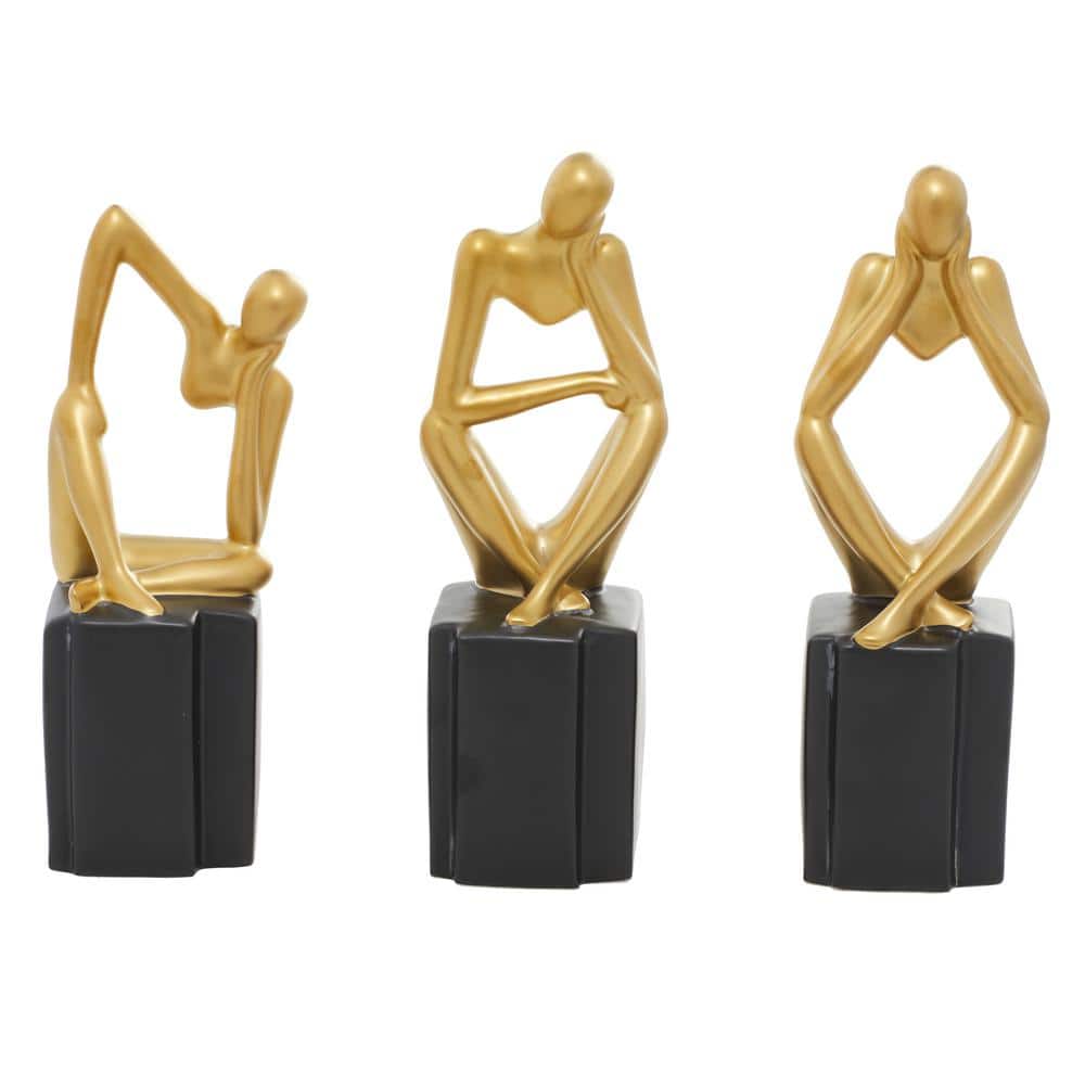 Gold Porcelain Sitting Thinker Trio Sculptures 4"W, 13"H