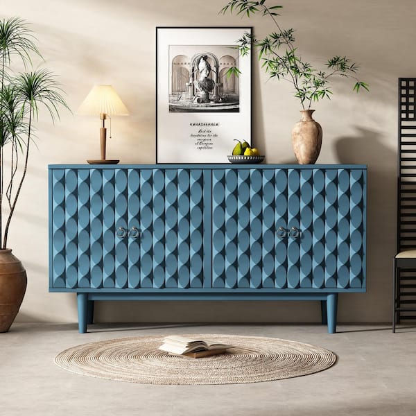 Harper & Bright Designs Navy Wood 60.7 in. Modern Stylish 4-door Sideboard with Adjustable Shelves, Convex Pattern Doors and Silver Handles