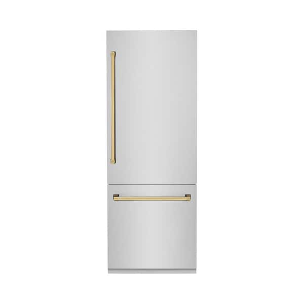 ZLINE Kitchen and Bath Autograph Edition 30 in. 2-Door Bottom Freezer Refrigerator w/ Ice & Water Dispenser in Stainless Steel & Polished Gold