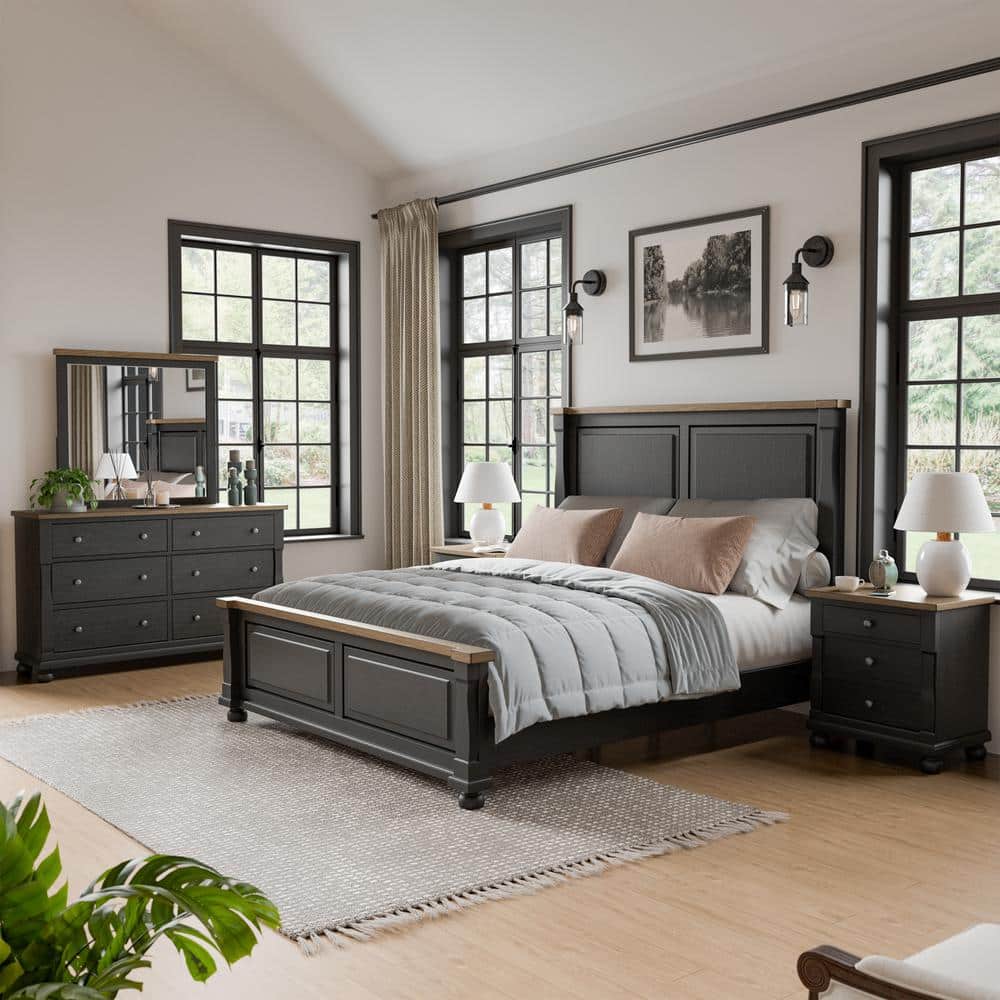 Furniture of America Windcrest 5 Piece Farmhouse Black Wood Queen Bedroom Set With 2 Nightstands and Dresser Mirror IDF79009BKQNDM2 The Home Depot