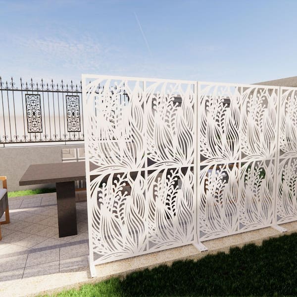 72 in. UrbanGuard White Leaf Shape 1-Panel Room Divider with Galvanized Steel Frame and Rustproof Powder Coating