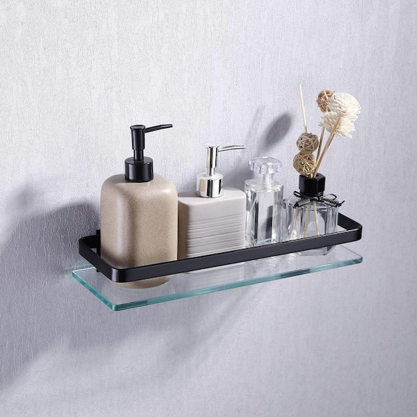 Acehoom 14 in. W x 5 in. D x 12 in. H Wall Mount 2-Tier Black Bathroom Glass Floating Shelf