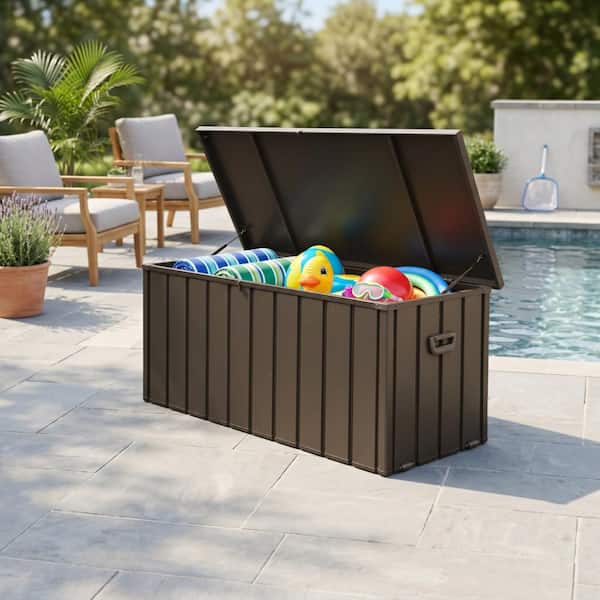 Brown 100 Gal. Steel Waterproof Outdoor Deck Box with Wheels, Lockable Patio Storage Bin for Outside Cushions, Pillows