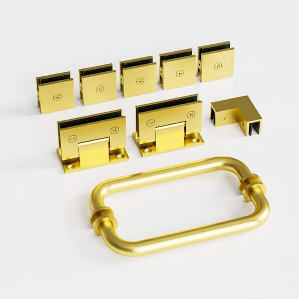 8 in. Shower Door Handle in Brushed Gold (1-Pair) with Hinges Glass Clamps and Connector Corner Shower Door Hardware Kit