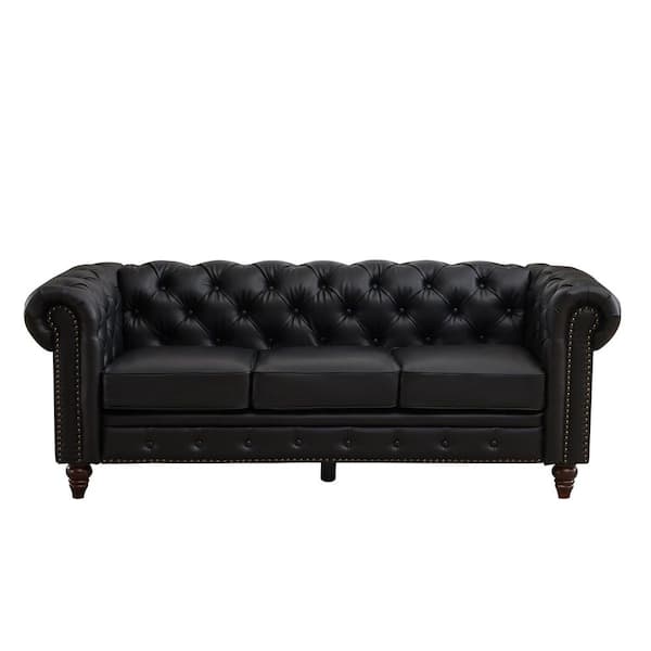 84.25 in. Width Rolled Arm Faux Leather Chesterfield Sofa, Rectangle Three Seater Nailhead Tufted Sofa in. Black
