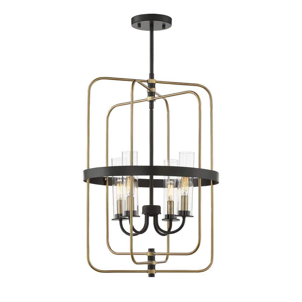 Vintage Black and Warm Brass 4-Light Foyer Chandelier with Clear Glass
