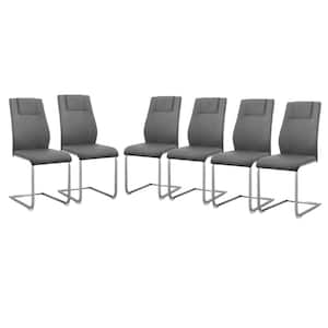 Modern Grey PU Leather Dining Chairs with Padded Upholstered Seat C-shape Metal Legs and High Back (Set of 6)