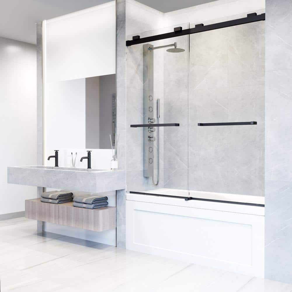 Houston 66" Frameless Matte Black Sliding Tub Door with Clear Glass