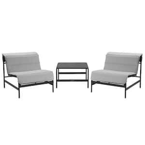 3-Piece Metal Patio Chaise Lounge Chair Sets All-iron Reclining Chair with Coffee Table, Gray Cushions