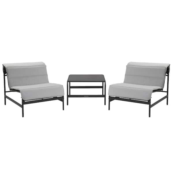 Clihome 3-Piece Metal Patio Chaise Lounge Chair Sets All-iron Reclining Chair with Coffee Table, Gray Cushions