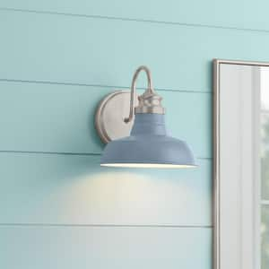 Elmcroft 7.63 in. 1-Light Brushed Nickel Farmhouse Wall Sconce with Slate Blue Metal Shade