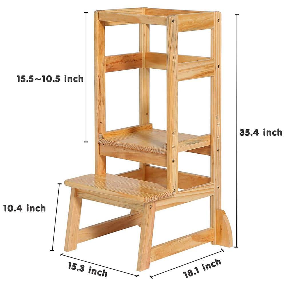 Natural Wooden Adjustable Height 2-Step Learning Stool