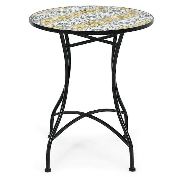 ANGELES HOME Yellow Round Metal 28 in. Mosaic Outdoor Bistro Table with Floral Pattern