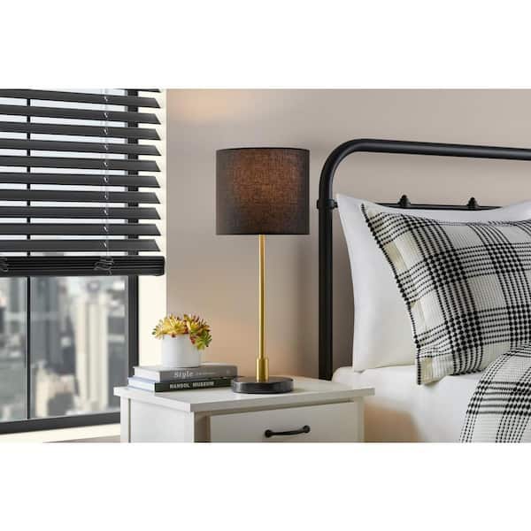 Hampton Bay Raeburn 23 in. Steel and Marble Aged Brass Indoor Table Lamp with Black Fabric Shade