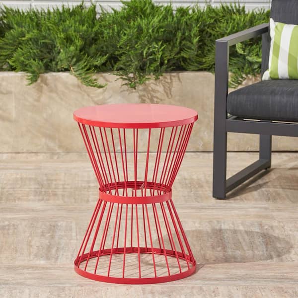 Unbranded Modern Hourglass Structure Sophisticated Aesthetic 16 in. Outdoor Metal Side Table for Porch, Balcony, Deck, Red