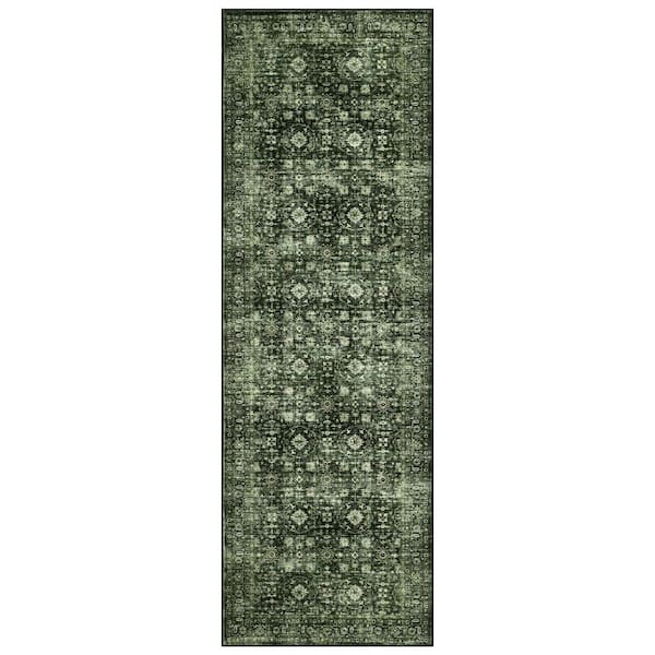 Traditional Floral Green 2 ft. x 6 ft. Low Pile Non Slip Thin Carpet Soft Foldable Indoor Carpet Bedroom Office Area Rug