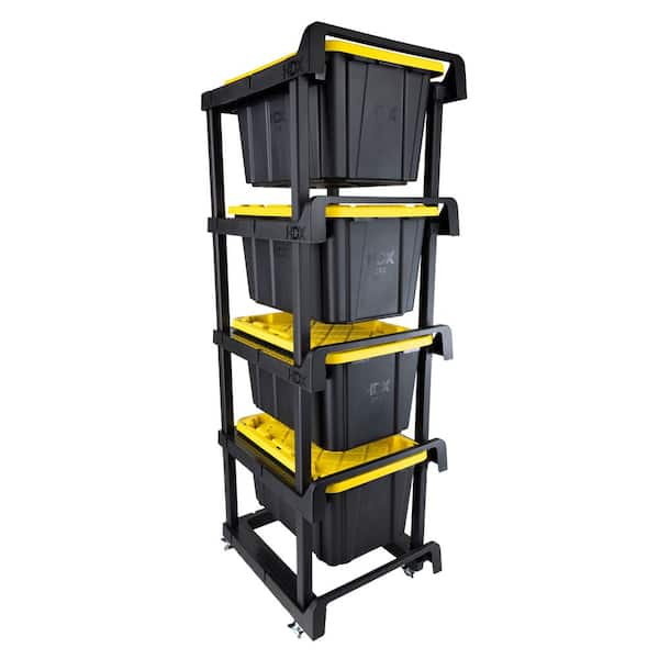 4 Tier Plastic Shelving Tote Stacker with Casters in Black (24.8 in. W x 78.1 in. H x 29.6 in. D)
