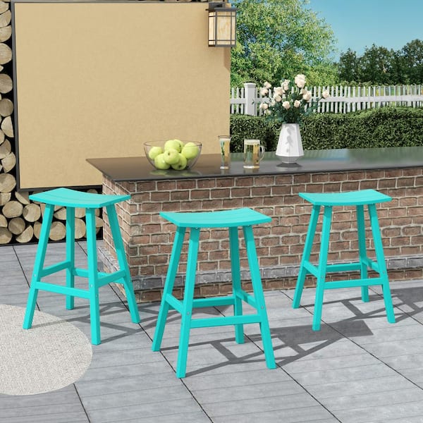 Franklin Turquoise 29 in. Poly HDPE Fade Resistant Outdoor Patio Saddle Seat Pub Height Bar Stool (Set of 3)