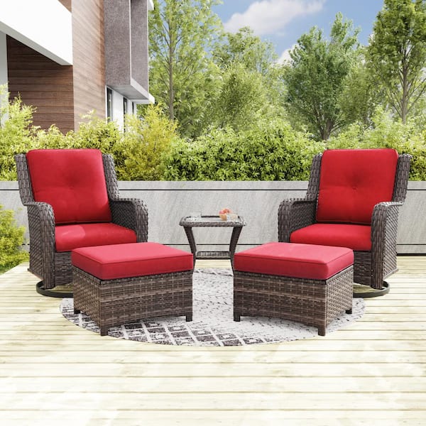 Gardenbee 5-Piece Wicker Outdoor Patio Conversation Set Swivel Rocking Chair Set with Red Cushions