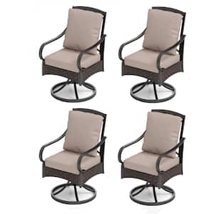 Swivel Rockers Metal and Wicker Outdoor Dining Chair with Beige Cushions (4-Pack)