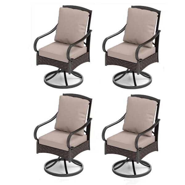 Swivel Rockers Metal and Wicker Outdoor Dining Chair with Beige Cushions (4-Pack)