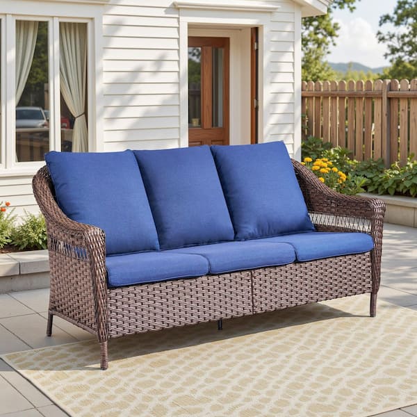 Janto Brown 1-Piece Metal & Wicker Outdoor Sofa Couch Lounge Chair with Blue Cushions