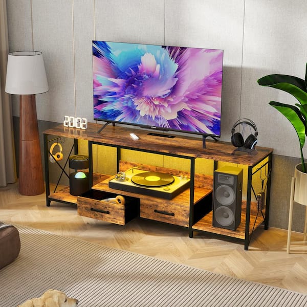 CSC DECOR INC Brown TV Stand Fits TVs up to 55 to 75 in. TV Console with LED Lights and Power Outlets Entertainment Center w/ Drawers