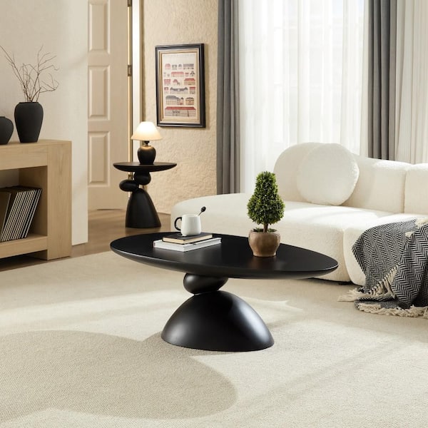 47.27 in. Black Oval Cloud Shaped Fiberglass Coffee Table with Sculptural Base Tea Table