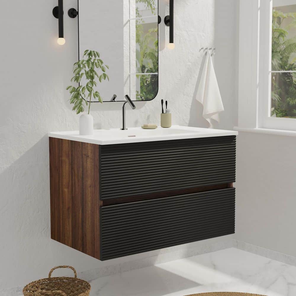 30 in. Wall-Mounted Floating Bath Vanity in Walnut and Black with Single Ce