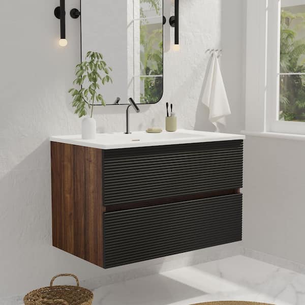 30 in. Wall-Mounted Floating Bath Vanity in Walnut and Black with Single Ceramic Sink Top in White