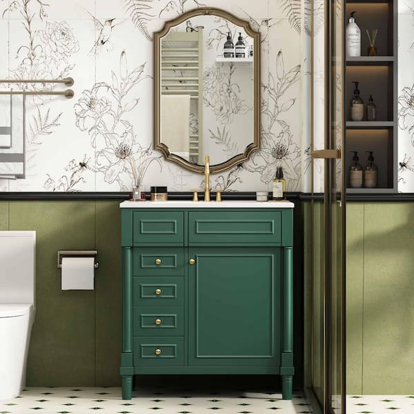 30 in. Freestanding Green Bath Vanity with White Ceramic Top, 2-Drawers and 1-Soft-Close Door