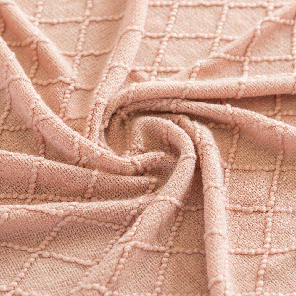 Pink Knitted Throw Blanket Set with Fringed Edges, 50x60 in