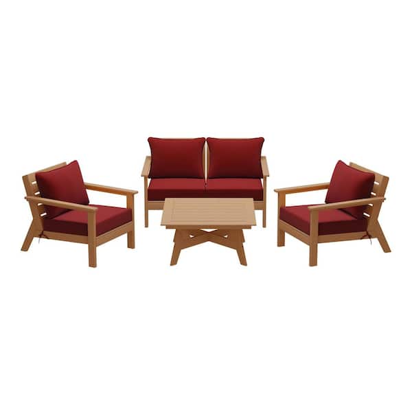 WESTIN OUTDOOR Birchwood Teak Arrangeable 5-Piece Outdoor Patio HDPE Deep Seating Conversation Lounge Set w/ Red Cushions