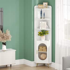 Frailey 16 in. Wide White 6 Shelf Corner Bookcase with Door, Freestanding Corner Shelf Storage Cabinet for Small Space