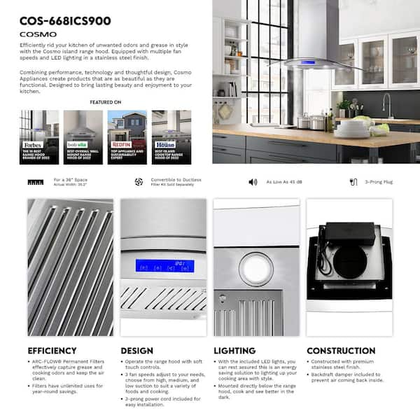 Cosmo 36 in. Lumin Collection 380 CFM Ducted Island Range Hood