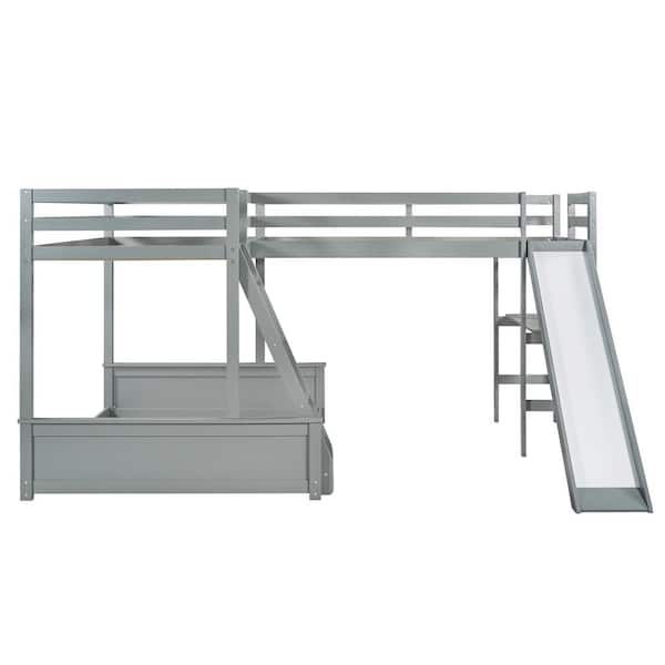 ATHMILE Gray Twin over Full Bunk Bed with Twin Size Loft Bed with Desk and Slide