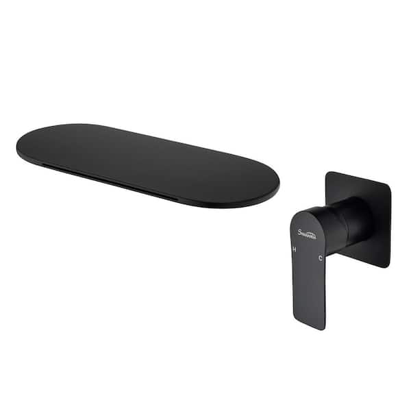 Single-Handle Wall-Mount Roman Tub Faucet with Valve Brass Modern 1 Hole Waterfall Bathtub Filler in Matte Black