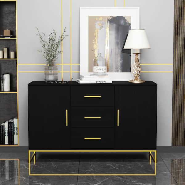 FUFU&GAGA 3-Drawers Black Wood Dresser Vanity with 2-Cabinets
