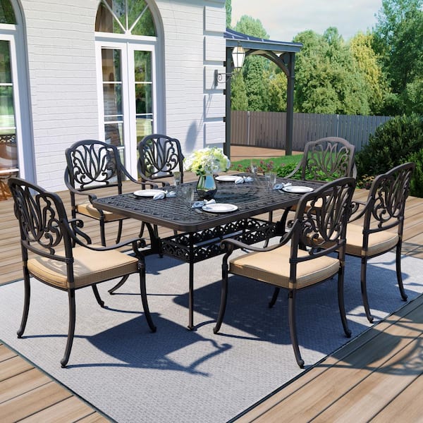 LAUREL CANYON Classic Dark Brown 7-Piece Cast Aluminum Rectangle Outdoor Dining Set with Table and Stackable Chairs Khaki Cushions