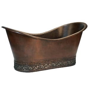 67 in. Hammered Copper Double Slipper Soaking Bathtub w/Scroll Base and Nickel Inlay and Drain in Oil Rubbed Bronze