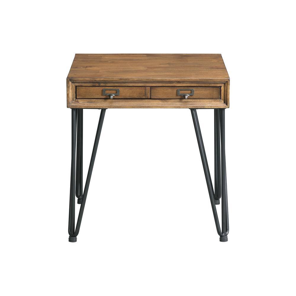 Industrial Charm Square End Table with Storage, Light Walnut & Metal