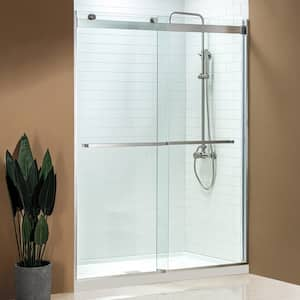 60 in. x 76 in. Double Sliding Frameless Shower Door with Shatter Retention Glass in Brushed Nickel Finish